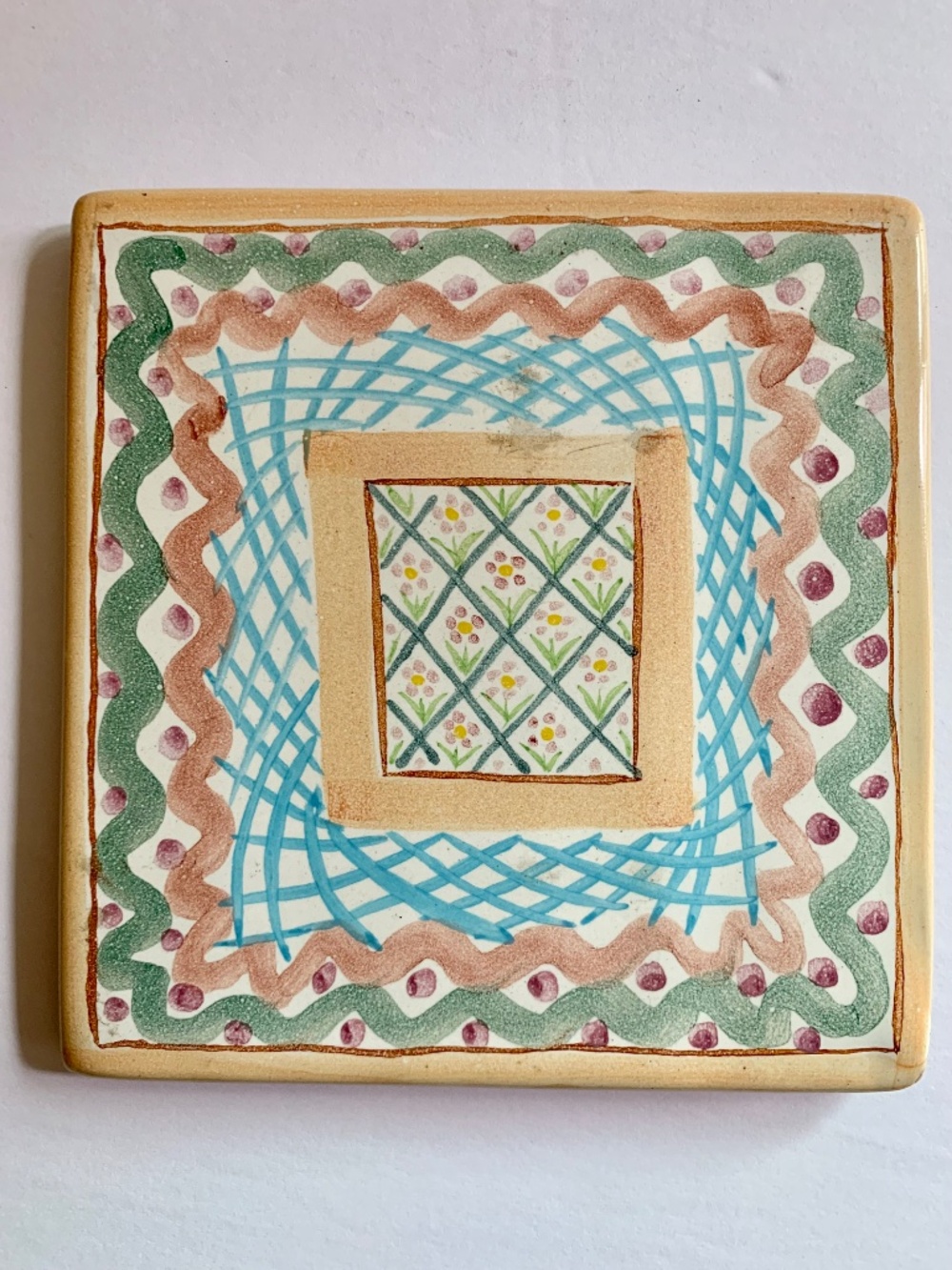 Vintage MacKenzie-Childs Hand-Painted Trivet | 5.75” Square | Cork Back